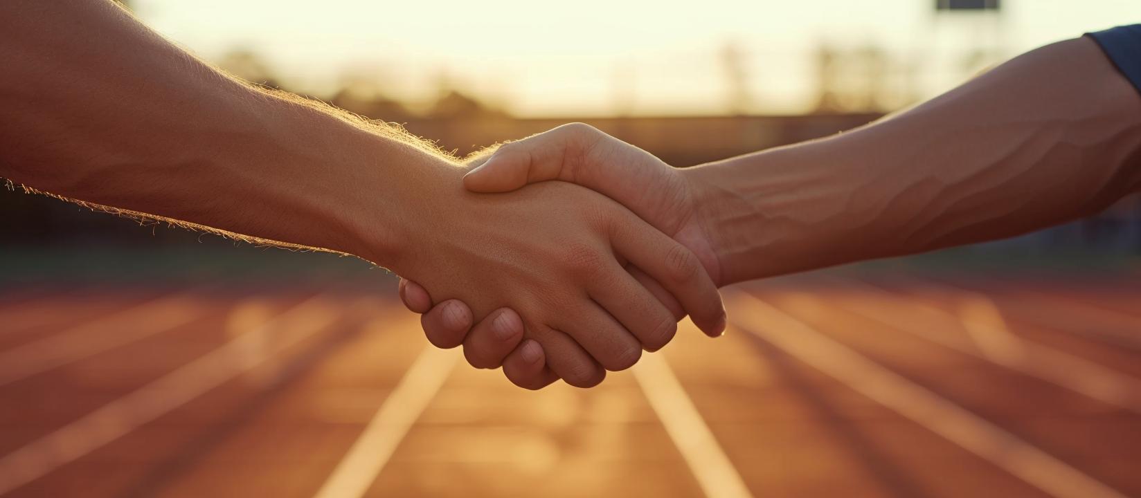 Zwei Menschen geben sich die Hände, mit einer Sportlaufbahn im Hintergrund, beleuchtet durch die tiefstehende Sonne, die lange Schatten wirft. Die Szene symbolisiert Sportlichkeit, Fairplay und den Geist des Wettbewerbs und der Zusammenarbeit und der Hilfe.