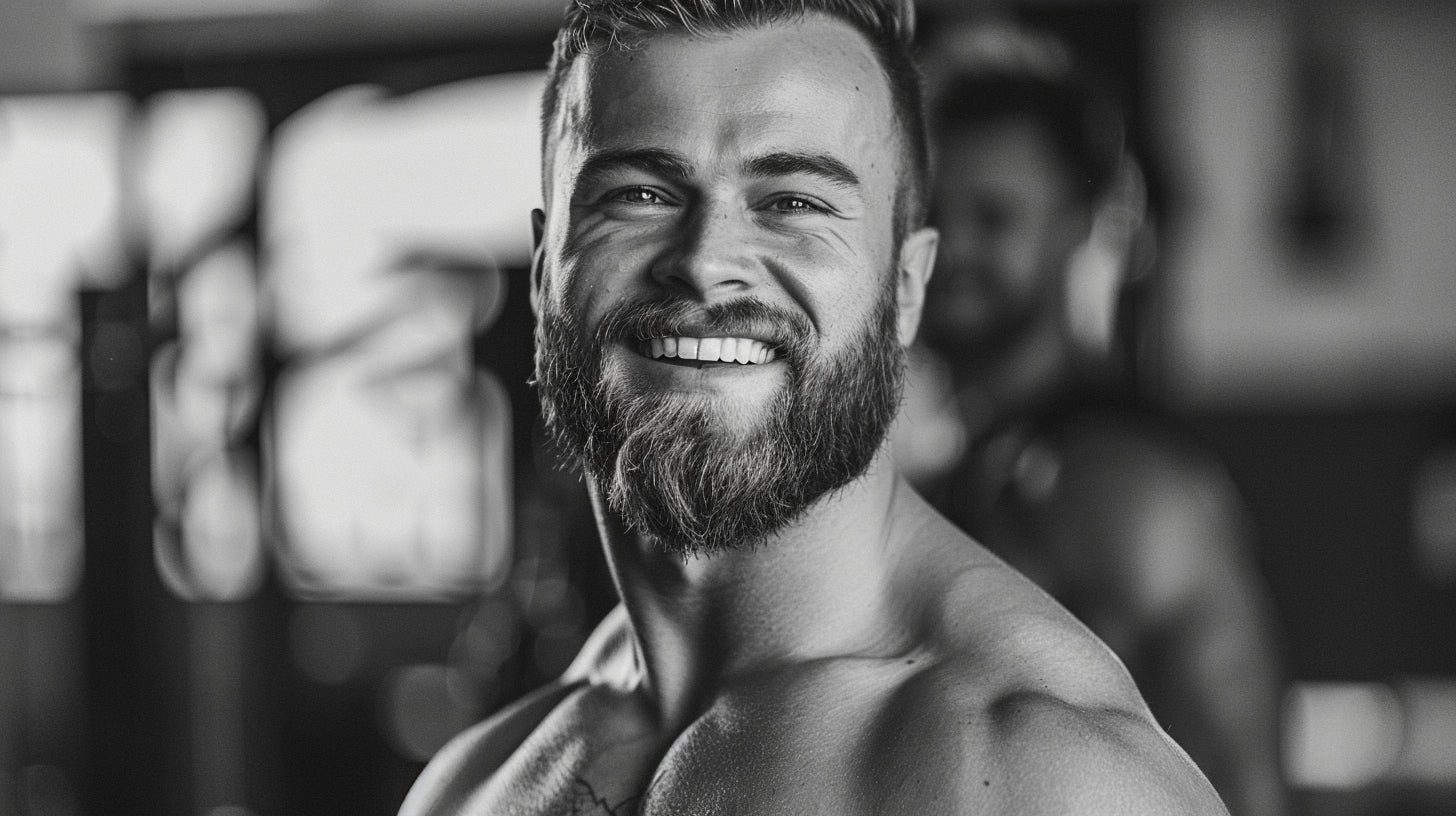 Schwarz-weiß Fotografie eines glücklichen, athletischen Mannes im Fitnessstudio, der direkt in die Kamera lächelt, was sein Selbstvertrauen und Wohlbefinden durch Training und Fitness unterstreicht.