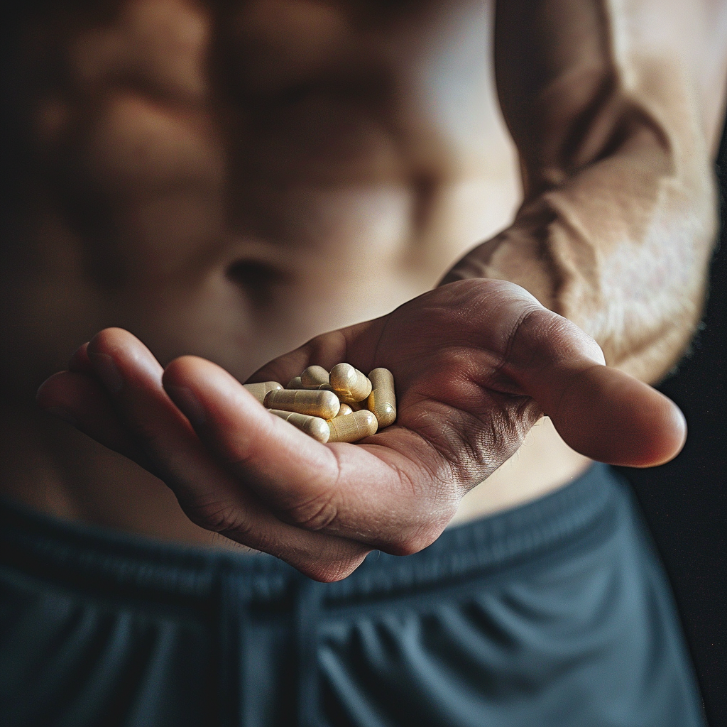 Ein fokussiertes Bild zeigt einen Mann mit definiertem Bauch, der eine Hand voll Tongkat Ali Kapseln von der Marke MUSCLAB mit 10% Eurycomanone Gehalt in seiner ausgestreckten Handfläche hält. Der Hintergrund ist unscharf, wodurch der Schwerpunkt auf die Tongkat Ali Kapseln und die trainierten Muskeln des Mannes gelegt wird. Die Szenerie suggeriert einen Zusammenhang zwischen der Einnahme von Nahrungsergänzungsmitteln, in diesem Fall Tongkat Ali und körperlicher Fitness.